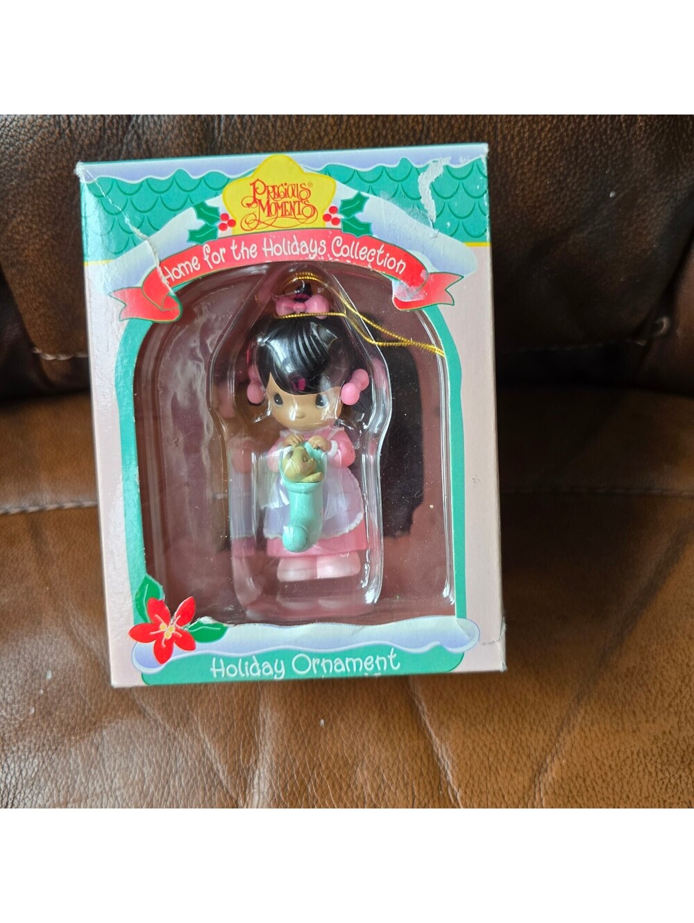 1996 Precious Moments Home For The Holidays Ornament 266094 Girl Stocking Dog.